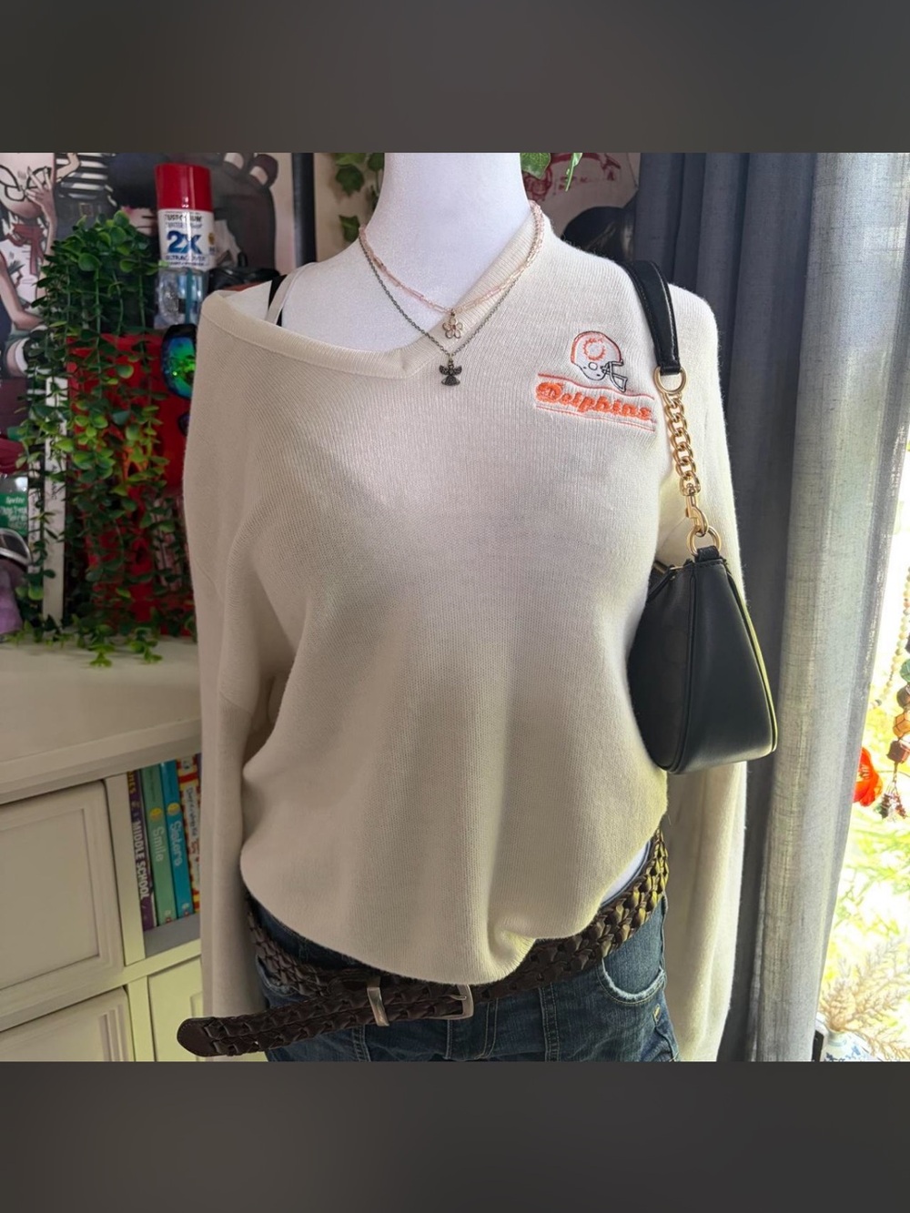 V-neck Cream Knit Sweater with Miami Dolphins Embroidered Logo